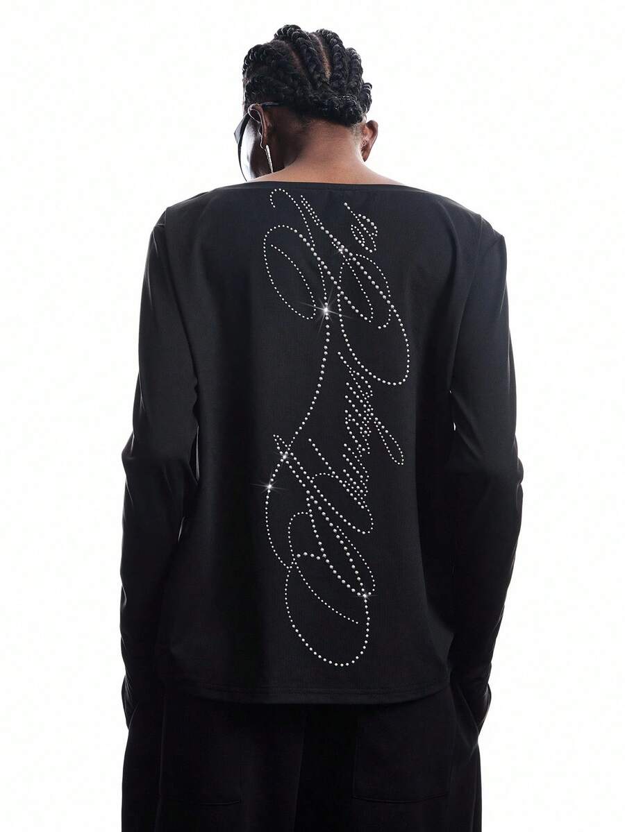 LYSMO 2025 New Arrive Minimalism Fall Women Casual Rhinestone Letter Pattern Round Neck Long Sleeve Shirt Long Sleeve Graphic Tshirt For Going Out Outfits, Back To School, Graduation, Streetwear, Grunge And Punk Chic, Y2K Clothes And Stockholm Style - Black - View 1