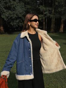 DAZY Women's Patchwork Retro Faux Fur Collar Loose Casual Street Thick Jacket, Regular Fit, Autumn/Winter Thermal Lined Women Coats