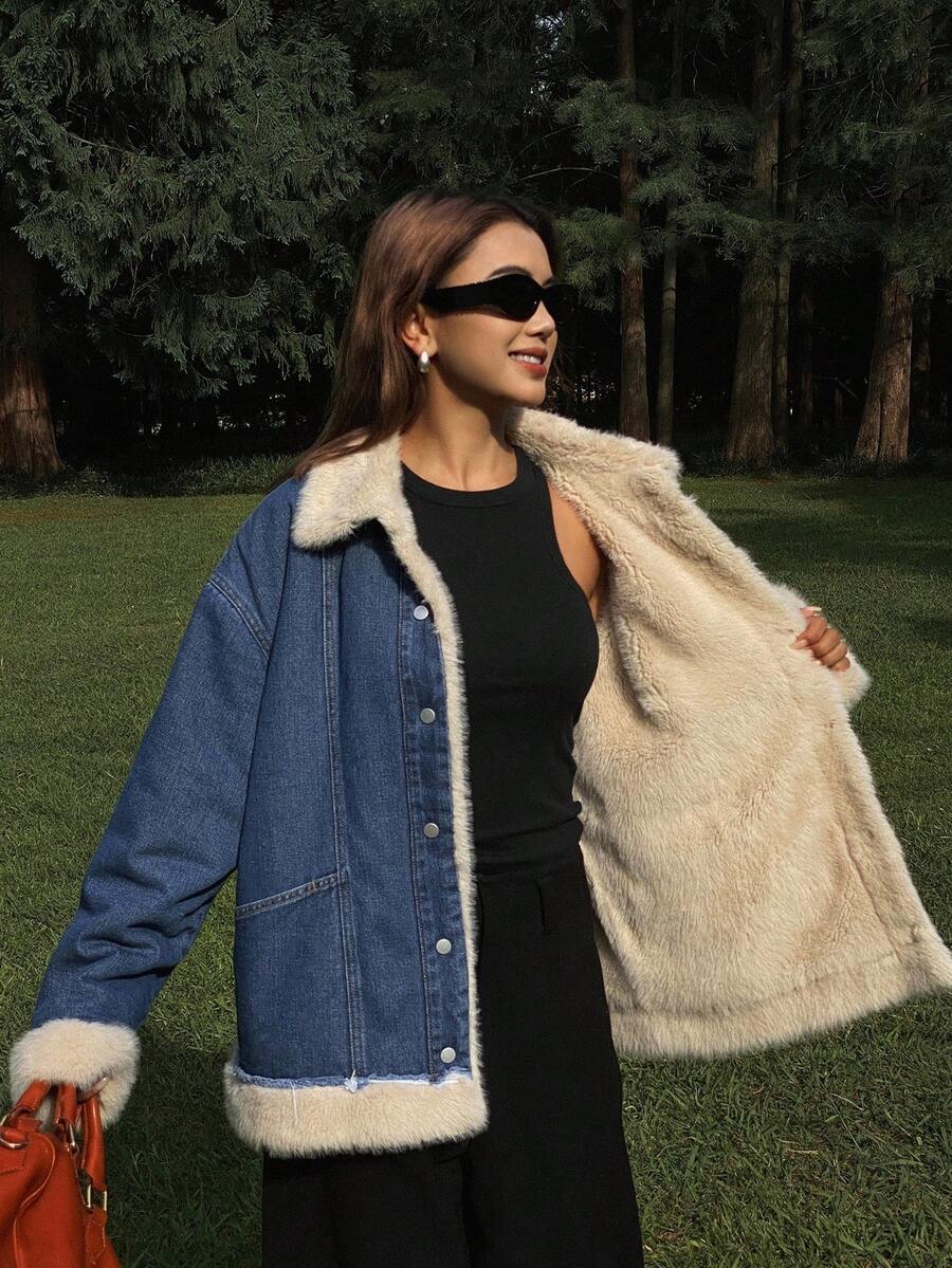 DAZY Women's Patchwork Retro Faux Fur Collar Loose Casual Street Thick Jacket, Regular Fit, Autumn/Winter Thermal Lined Women Coats