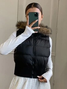 Livesso 拼布毛领短款棉衣背心冬季夹克背心 - 黑色 - 查看 4