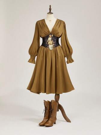 EDITION Plus Size Women's Fall Deep V-Neck Medieval Vintage Satin Puff Sleeve Dress With Detachable Waist Tie