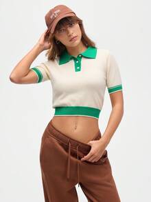 Eassivo Eassivo 女式撞色饰边短款 Polo 衫、短款针织衫、女式 Polo 衫 - 米色 - 查看 3