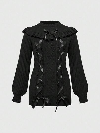 Kawaii Plus Size Autumn/Winter Bow Tie Knot Textured Ruffle Collar Puff Sleeve Pullover Sweater, Plus Size Women Long Sweater Top, Elegant Sweet Plus Size Women Long Sleeve Sweater Dress