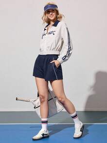CourtClass Women's Casual Sweatshirt Fabric Patchwork Contrast Color Ribbed Waist Sporty Shorts With Pocket,Suitable For Tennis,Sports&Daily Wear Tennis Skirt - Navy Blue - View 6