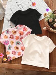 SHEIN Bộ 3 áo thun ngắn tay cổ tròn dễ thương cho bé gái Happikins màu trắng kem, hồng kem, đen với họa tiết nơ mùa thu, bí ngô và ma quỷ, thích hợp mặc ngoài trời, dạo phố, ở nhà, dự tiệc, đa năng cho mùa Halloween và thu. - Nhiều màu - Xem 2