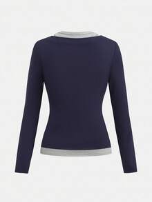 SHEIN Girlism 青少年女孩拼色拼接二合一设计 T 恤，修身廓形，休闲风格海军蓝长袖上衣纽扣衬衫分层上衣女士海军蓝上衣修身长袖上衣 - 藏蓝色 - 查看 2