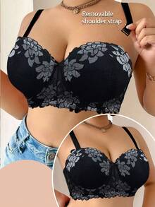 SHEIN 1 件大码女士蕾丝蝴蝶结装饰时尚钢圈文胸，提升型 - 黑色 - 查看 3