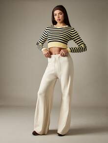 MISSGUIDED Women's Knitted Wide Leg Palazzo Trousers With Drawstring Waist Fall Winter Casual Pants - Apricot - View 5