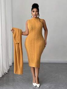 Maweii Plus Size Women Solid Color Cable Knit Elegant Dress Cardigan Two Pieces Set Winter Fall Autumn - Yellow - View 3