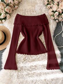 EMERY ROSE 3D Floral Off-Shoulder Knit Sweater, Asymmetrical Sleeve, Flattering, Versatile Women Pullover Top, Autumn/Winter - Burgundy - View 2