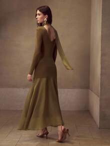 MOTF PREMIUM ĐẦM CỔ THẮT TÓC SLIM FIT - Màu Khaki - Xem 2
