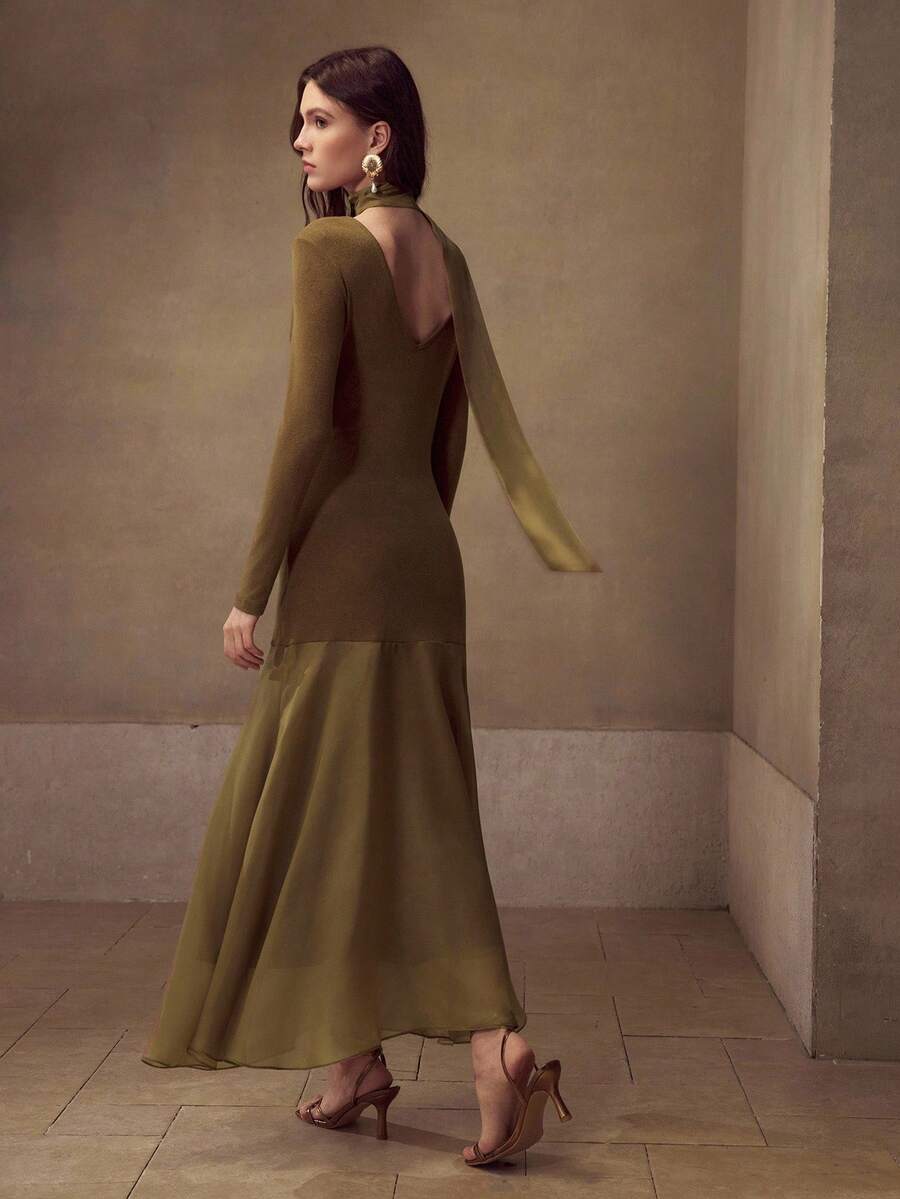 MOTF PREMIUM ĐẦM CỔ THẮT TÓC SLIM FIT - Màu Khaki - Xem 2