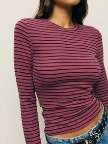 Nöista Fitted Ribbed Long-Sleeve Crewneck Top In Muted Rose With Navy Micro-Stripes - A Stretchy, Body-Skimming Silhouette That Flatters The Waist And Layers Seamlessly. - Red Violet - View 3