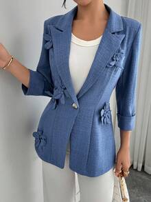 Elenzga Women's Elegant 3D Floral Decor Lapel Neck3/4 Sleeve Jacket, Autumn - Blue - View 3