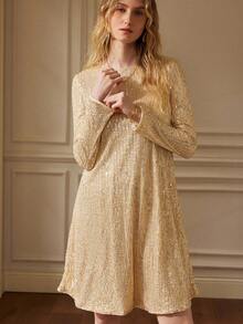 Écloséra 法式复古优雅圆领短袖宽松亮片金色春秋季派对连衣裙中长款女士冬季连衣裙 - 金色 - 查看 4