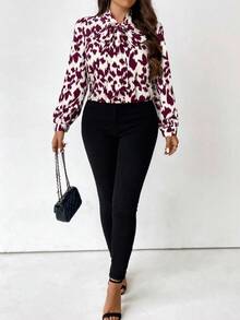 Áo sơ mi dài tay thanh lịch họa tiết da báo cỡ lớn dành cho nữ - Màu Đỏ Sâu - Xem 3