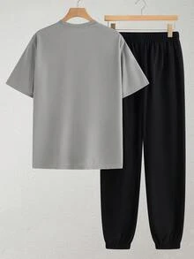 SHEIN 2 件套青少年男童休闲简约字母印花圆领套头衫，适合夏季运动、跑步、户外 - 灰色 - 查看 2