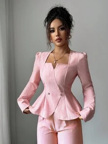 Selianne 女士粉色竹纤维方领收腰纽扣设计优雅高端美学褶皱后腰简约长袖开衫，适合秋季穿着