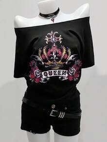 SHEIN Sommer Damen Sexy Retro Königin Krone Muster asymmetrischer Ausschnitt Schwarz Kurzarm T-Shirt, Lässig & Modisch - Verschiedenfarbig - Übersicht 1