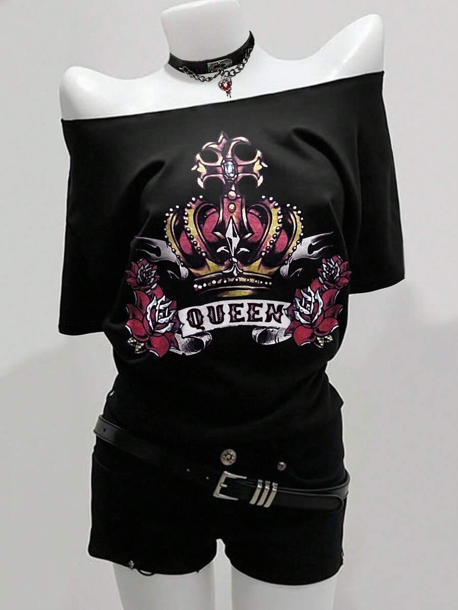 SHEIN Sommer Damen Sexy Retro Königin Krone Muster asymmetrischer Ausschnitt Schwarz Kurzarm T-Shirt, Lässig & Modisch - Verschiedenfarbig - Übersicht 1