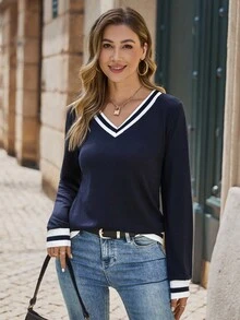 EMERY ROSE Casual Contrast Trim Pullover Sweatshirt, Suitable For Spring & Autumn Graduation,Back To School,Graduation,Teacher For Women,Back To School Fall - Blue - View 1