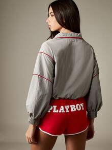Missguided x Playboy 带有四分之一拉链和兔子标志细节的短款风衣夹克 - 灰色 - 查看 2