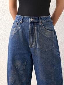 SHEIN Frenchy Damen Jeans mit Metallic-Effekt, locker geschnitten, Lässig, Tapered Bein - Blau - Übersicht 8