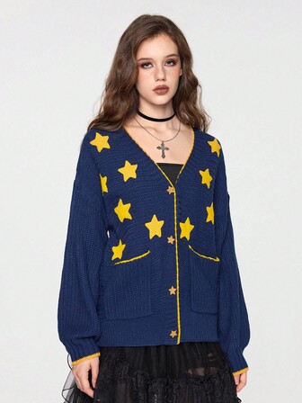 EDITION Hippie Kontrast Farbiger Saum Stern Muster Strickjacke