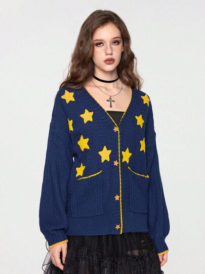 EDITION كارديجان مضلع بنمط نجمي بألوان متباينة بطراز هيبي