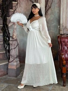 Flirla 纯色优雅腰部收紧合身褶皱长裙 - 白色 - 查看 7