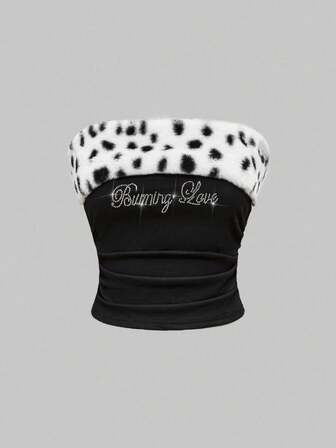 Grunge Punk Shibuya Subkultur Kunstfell Leoparden Muster Patchwork Strick Slim Fit Strass verzierter Röhrentop für Frauen