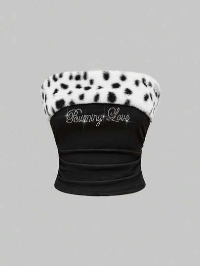 Grunge Punk Top tubo con aplicaciones de rhinestones, ajustado, de punto, con estampado de leopardo y parches de piel sintética de estilo subcultura de Shibuya para mujeres