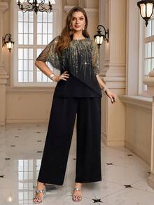 Gownix Plus Size Women Elegant And Romantic Anti-Sequin Printed Top And Wide Leg Pants 2 Pieces Set,Old Money Style Women,Business Casual Woman,Teacher Outfits For Women,Teacher Outfits For Women,Back To School Clothes,Office Outfits For Women,Lounge Sets For Women,Work Clothes Women,Button Up Shirt Women,Teacher Shirts,Work Outfits For Women,Teacher Outfits,Work Pants,Modest,Classy,Work Tops,Set For Wedding Guest,Wedding Guest Set,Wedding Guest Set Elegant,Mother Of The Bride Set,Wedding Guest,Formal Set For Wedding Guest,2025 New,Fall Clothes For Women,Winter Clothes For Women,Fall Clothes Plus Size ,Winter Clothes,Autumn, Winter Outfit For Women,Night Out,Going Out Outfit , Old Money Style Women,Suitable For Multiple Occasions,Halloween, Homecoming,Christmas,Business Casual Woman,Business Casual Outfits Women,Business Casual Woman Curve, Teacher Clothing, Business Commuting,Halloween,Christmas,2025 New - Black - View 9