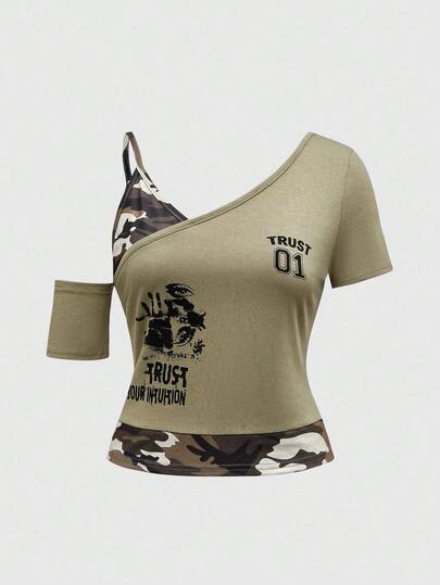 Grunge Punk Maglietta da donna asimmetrica con stampa di occhi, lettere e mimetismo in stile Y2K e grunge retrò