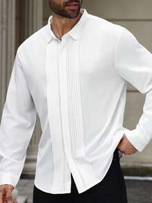 Manfinity Homme Plus Size Men's Casual Everyday Commute Simple Solid Color Fold Pleated Long Sleeve White Shirt, Spring/Autumn, For Fall - White - View 5