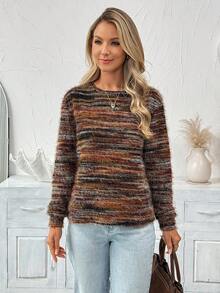 SHEIN LUNE Women's Casual Faux Fur Crew Neck Long Sleeve T-Shirt Women's Country Going Out Fall For Women Autumn Winter Fall Top Halloween Costumes Chic Long Sleeve Party Top,Casual - Multicolor - View 5