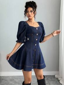 Selianne Women's Elegant Denim Dress For Party & Outing - Blue - View 6