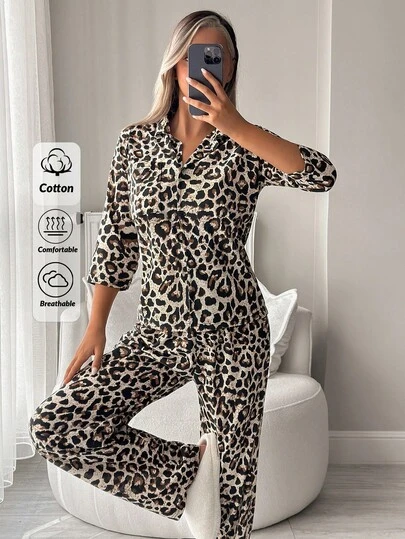 EURMUSE Women Cotton 2 Pcs Leopard Pattern Button Front With Hald Sleeve Shirt &Pants Homewear Comfort Pajama Set For Ladies Womens Lounge Sets Leopard Print Pajama Set Leopard Pajamas Women Womens Leopard Pajamas Set