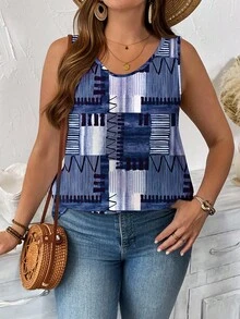 SHEIN LUNE Plus Size Summer Patchwork Print Casual Crew Neck Tank Top, Going Out Tops, Summer Women - Multicolor - View 3