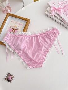 PetitDoll 女士蕾丝拼布蝴蝶结装饰时尚比基尼内裤 - 粉色 - 查看 2