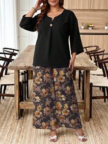 EMERY ROSE 2pcs Plus Size Outfit - Black Top With Vintage Floral Print Comfort Casual Pants Set - Multicolor - View 5