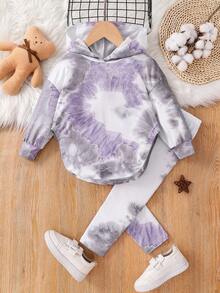 SHEIN 2-teiliges Outfit für Kleine Mädchen mit Batik-Asymmetrischem Saum Drop-Shoulder Kapuzenpullover & Leggings, bequem, für Herbst und Winter, ideal für Lässig & Alltag & Schule, coole Streetstyle Mädchen, Y2K Stil