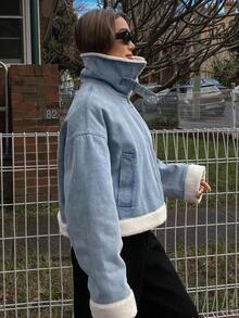 DAZY Women's Dropped Shoulder High Neck Zip-Up Casual Loose Padded Coat Winter Jacket - Blue - View 5