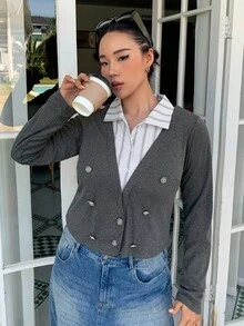 Dazy Plus Color Block Splicing Shirt Collar 2 In 1 Double-Breasted Decor Long Sleeve Business Casual Commuter Long Sleeve Plus Size Women T-Shirt Fall Tops - Dark Grey - View 6
