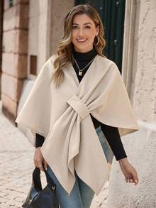 EMERY ROSE 女式纯色休闲斗篷夹克，秋冬季 - 卡其色 - 查看 3