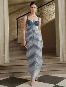 Anewsta Váy tua rua và sequin thanh lịch dành cho nữ, Váy dự tiệc/dạ hội sang trọng, Thích hợp cho Giáng sinh, Halloween, Màu trắng và xanh nhạt - Màu xanh nhạt - Xem 6