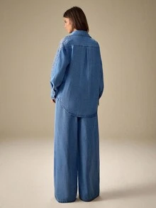 女式撞色蕾丝长袖单排扣衬衫和牛仔裤休闲套装 - 藍色 - 查看 2