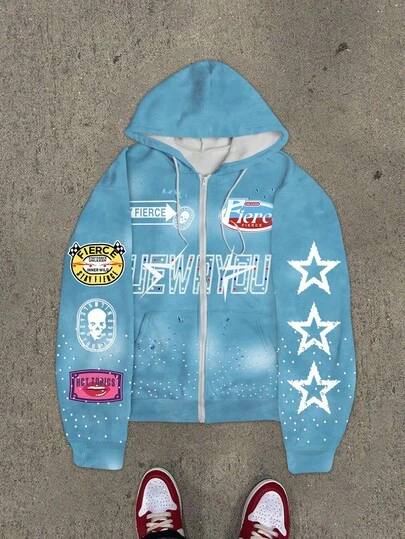 Manfinity EMRG Sudadera con capucha con cremallera, estampado gráfico, forro térmico, casual con cordón para hombre talla grande, otoño e invierno, manga larga