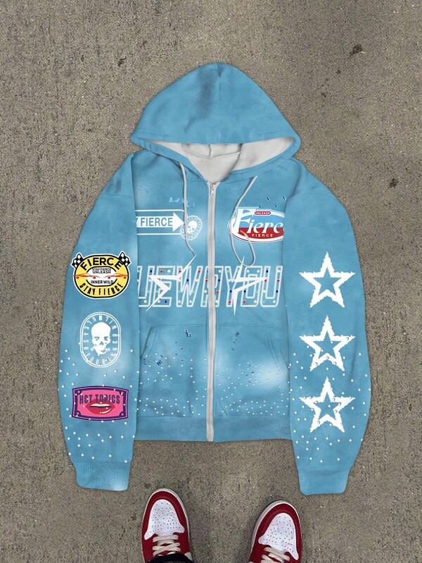 Manfinity EMRG Plus Size Men's Casual Drawstring Hooded Zip-Up Printed Sweatshirt, Fall Winter