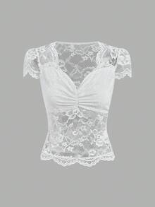 SHEIN Clasi Elegant Solid Color Sweetheart Neck Lace Blouse, Suitable For Oktoberfest - White - View 8